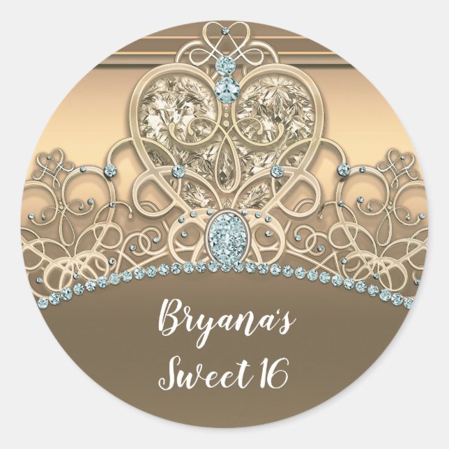 Gold Glam Princess Heart Tiara Birthday Party Classic Round Sticker (Front)