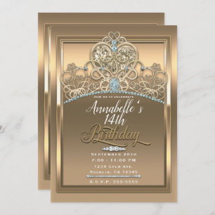 Gold Glam Princess Heart Tiara Birthday Party Invitation