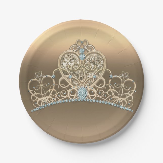 Gold Glam Princess Heart Tiara Birthday Party Paper Plates (Front)