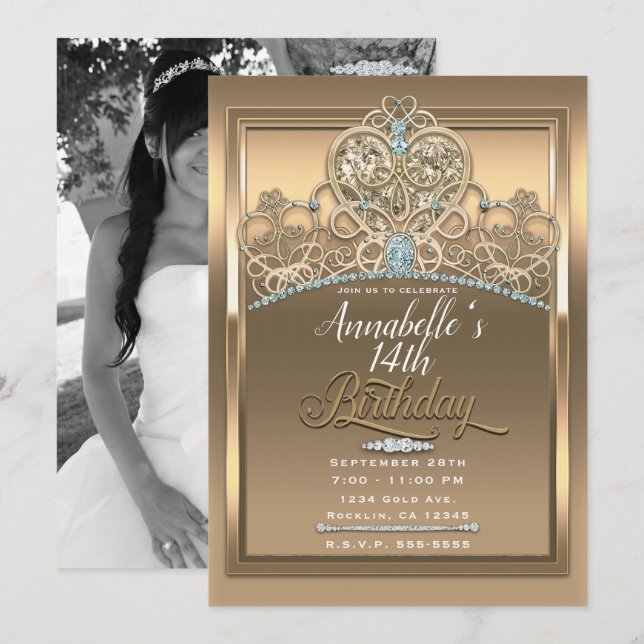Gold Glam Princess Heart Tiara Birthday Photo Invitation (Front/Back)