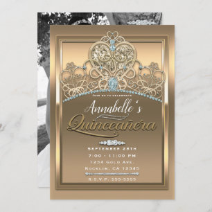 Gold Glam Princess Heart Tiara Quinceañera Photo Invitation