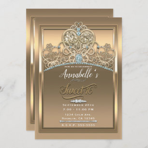 Gold Glam Princess Heart Tiara Sweet 16 Party Invitation