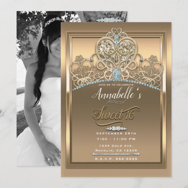 Gold Glam Princess Heart Tiara Sweet 16 Photo Invitation (Front/Back)
