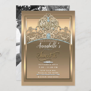 Gold Glam Princess Heart Tiara Sweet 16 Photo Invitation