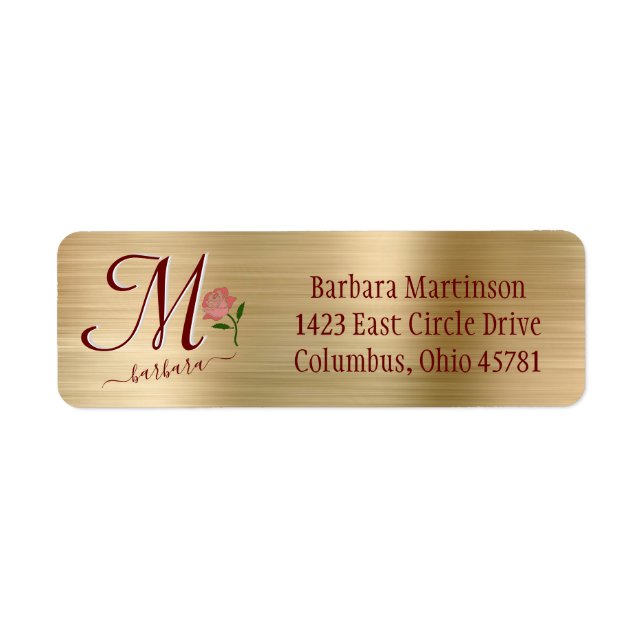 Gold Glam Red Rose Custom Monogram Name  Label (Front)