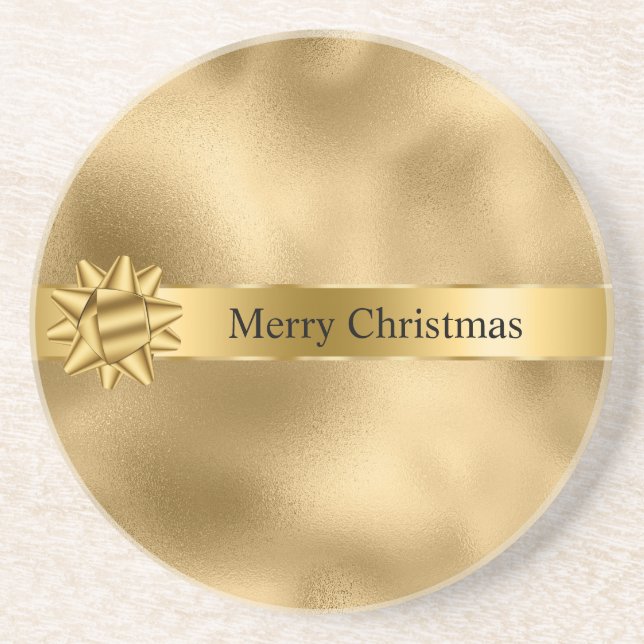 Gold Glam Ribbon and Bow Christmas Coaster (Front)