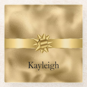 Gold Glam Ribbon and Bow Christmas Glass Coaster