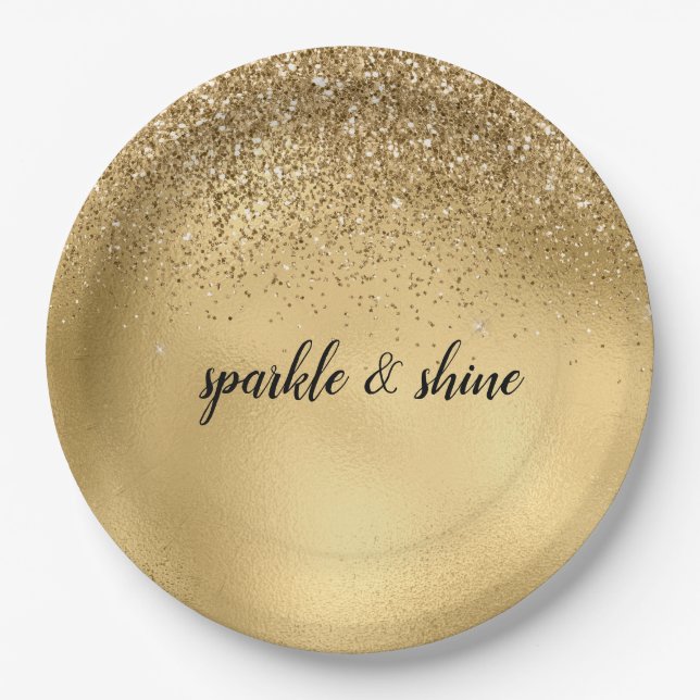 Gold Glam Sparkle Faux Glitter Paper Plates (Front)