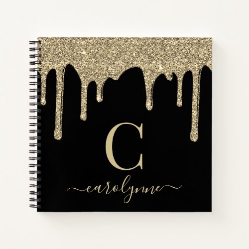 Gold Glam Sparkle Glitter Drips Monogram Notebook