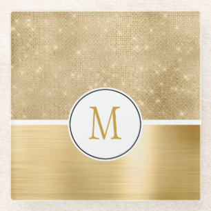 Gold Glam Sparkle Monogram Glass Coaster