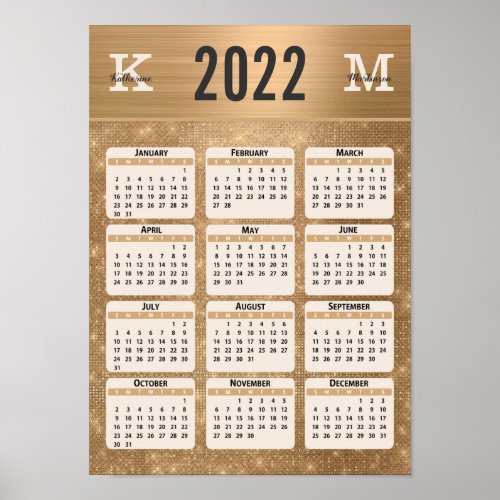 Gold Glam Sparkle Monogram Name 2022 Wall Calendar Poster