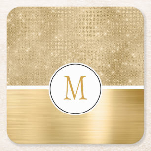 Gold Glam Sparkle Monogram Square Paper Coaster