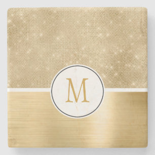 Gold Glam Sparkle Monogram Stone Coaster