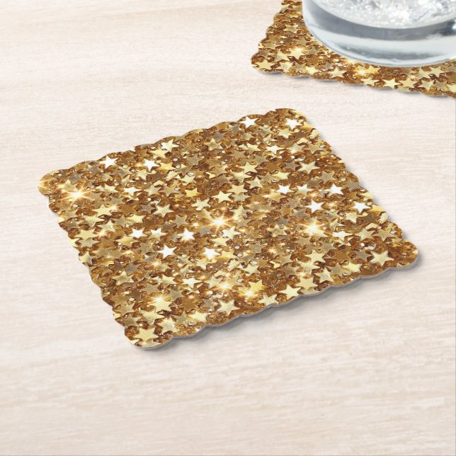 Gold Glam Sparkle Stars Paper Coaster (Angled)