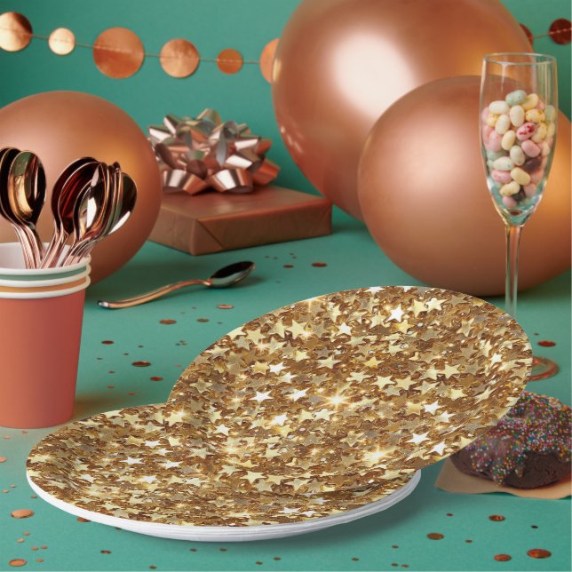Gold Glam Sparkle Stars Paper Plates (Multi)