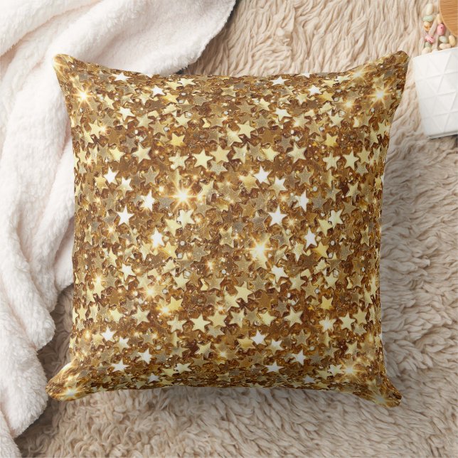 Gold Glam Sparkle Stars Throw Pillow (Blanket)