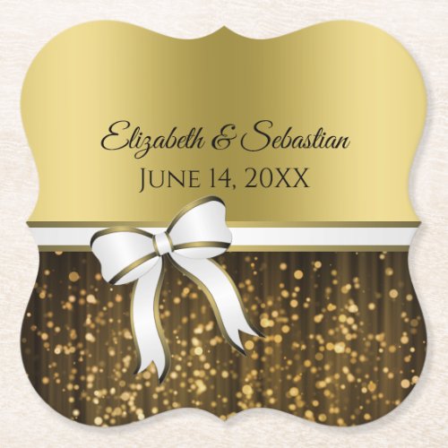 Gold Glam Sparkles  White Ribbon Elegant Wedding Paper Coaster