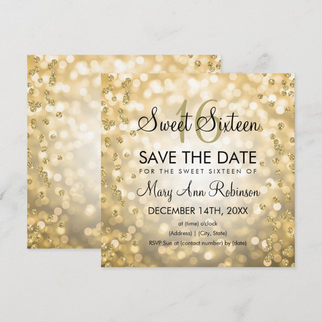 Gold Glam Sweet 16 Sixteen Glitter Lights Invitation (Front/Back)