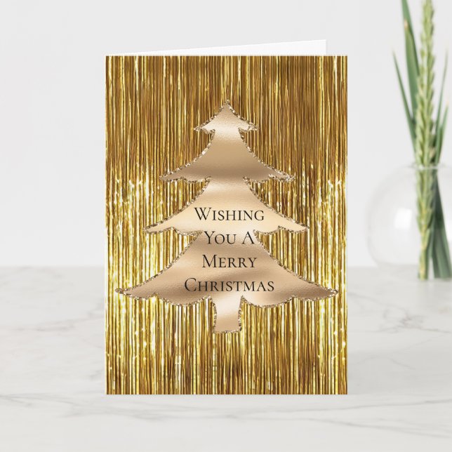 Gold Glam Tinsel Merry Christmas Tree Card (Front)