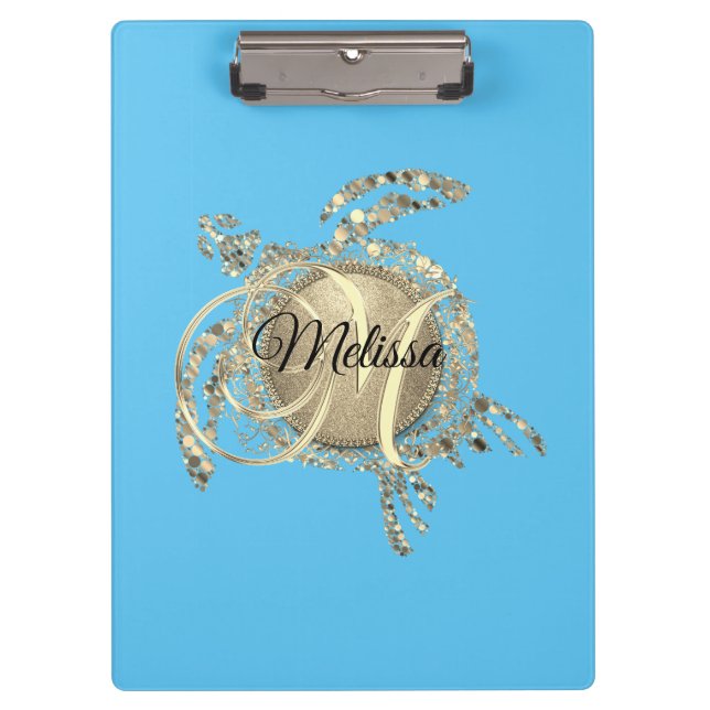 Gold Glam Turtle Monogram Clipboard (Front)