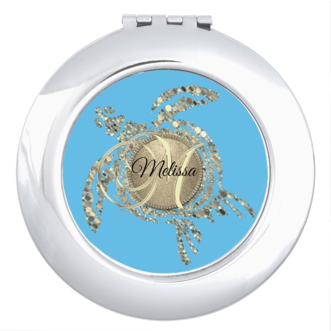 Gold Glam Turtle Monogram Compact Mirror (Front)