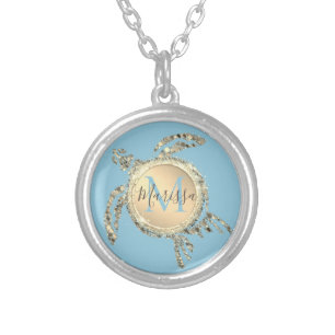 Gold Glam Turtle Monogram Personalized Silver Plated Necklace