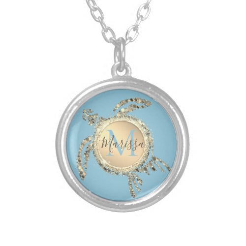 Gold Glam Turtle Monogram Personalized Silver Plated Necklace