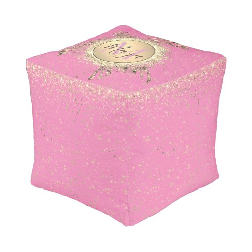 Gold Glam Turtle Monogram Stars on Pink  Pouf