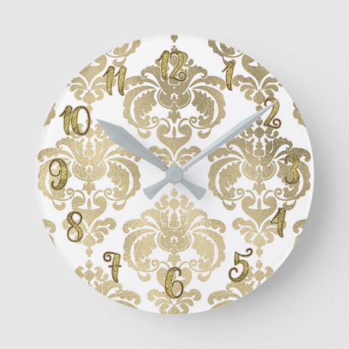 Gold Glam  White Damask Modern Personalized Round Clock