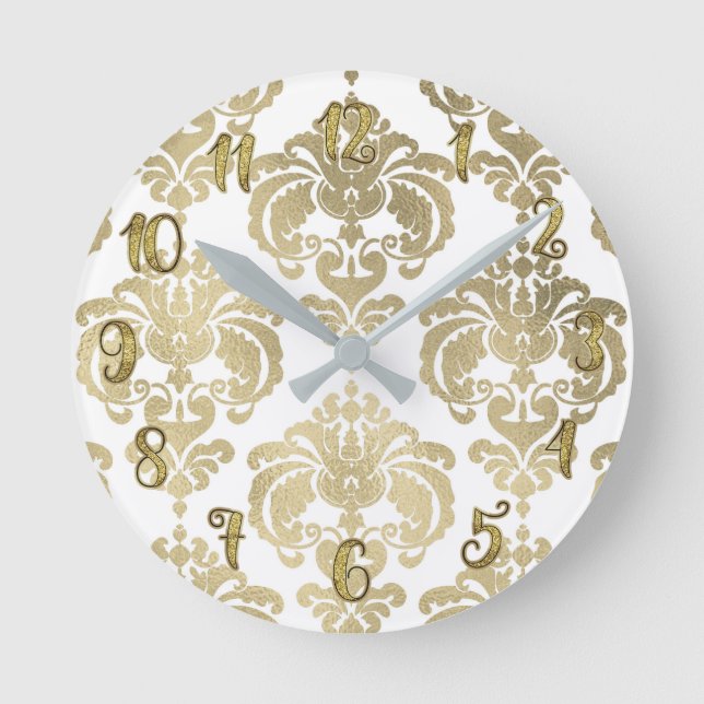 Gold Glam & White Damask Modern Personalized Round Clock (Front)