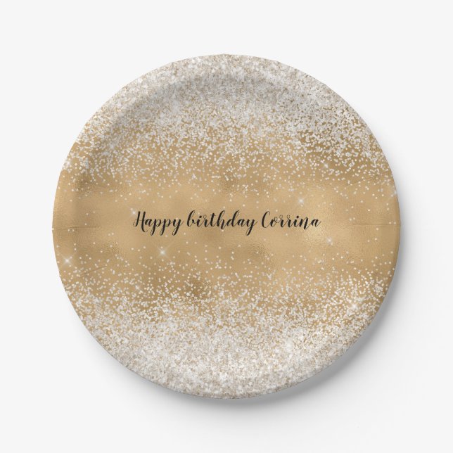 Gold Glam White Glitter Sparkle Paper Plates (Front)