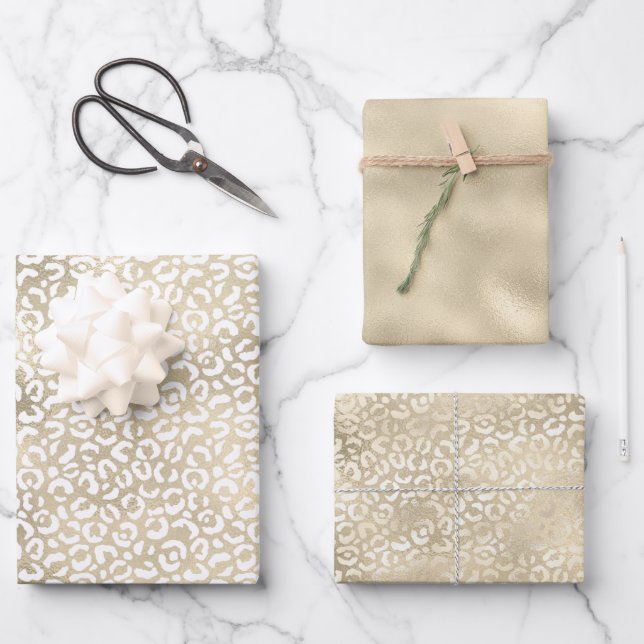 Gold Glam White Leopard Print Wrapping Paper Sheets (Front)