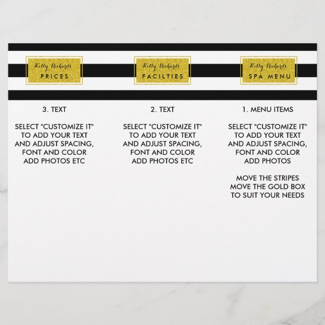 Gold Glamor Black Stripes Salon Menu Brochure (Front)