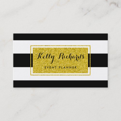 Gold Glamor Black White Stripes Business Card
