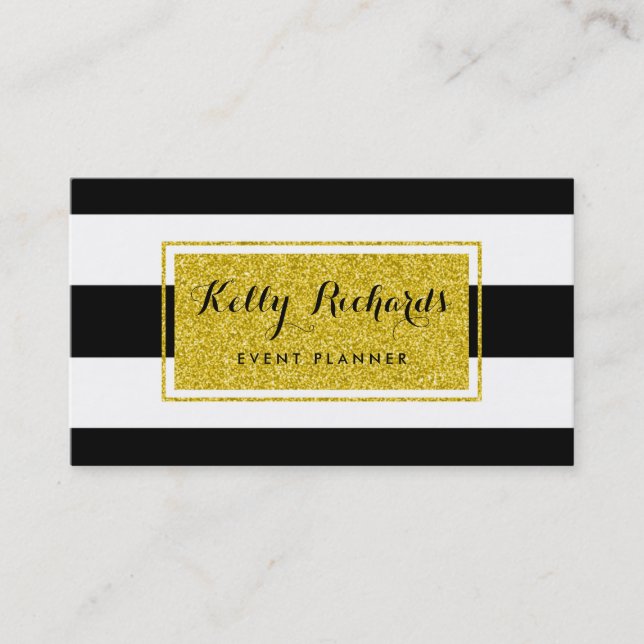 Gold Glamor Black White Stripes Business Card (Front)