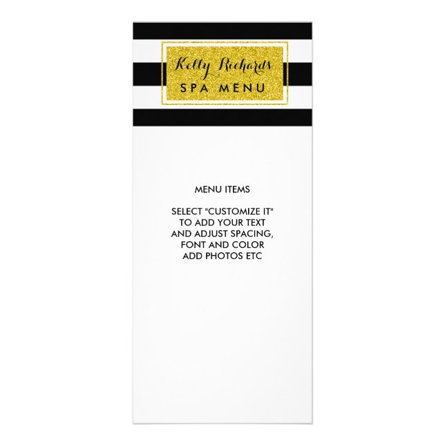 Gold Glamor Black White Stripes Salon Menu (Front)