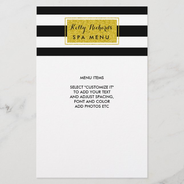 Gold Glamor Black White Stripes Salon Menu Flyer (Front)