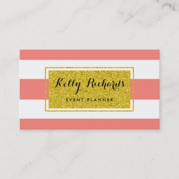 Gold Glamor Coral Pink White Stripes Business Card by CoutureBusiness at Zazzle