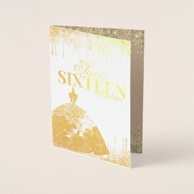 Gold Glamor Glitter Spark Drip Sweet 16 Birthday Foil Card (Front)