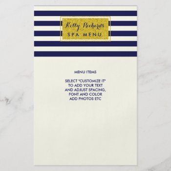 Gold Glamor Navy Blue Ivory Stripes Salon Menu Flyer by CoutureBusiness at Zazzle