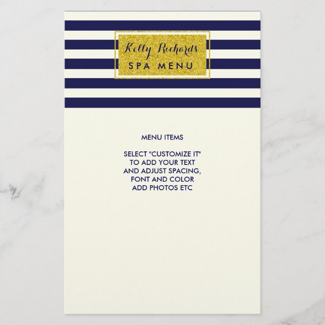 Gold Glamor Navy Blue Ivory Stripes Salon Menu Flyer (Front)
