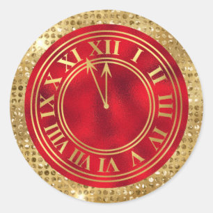 Gold Glamorous Diamonds on Red New Year's Clock Classic Round Sticker