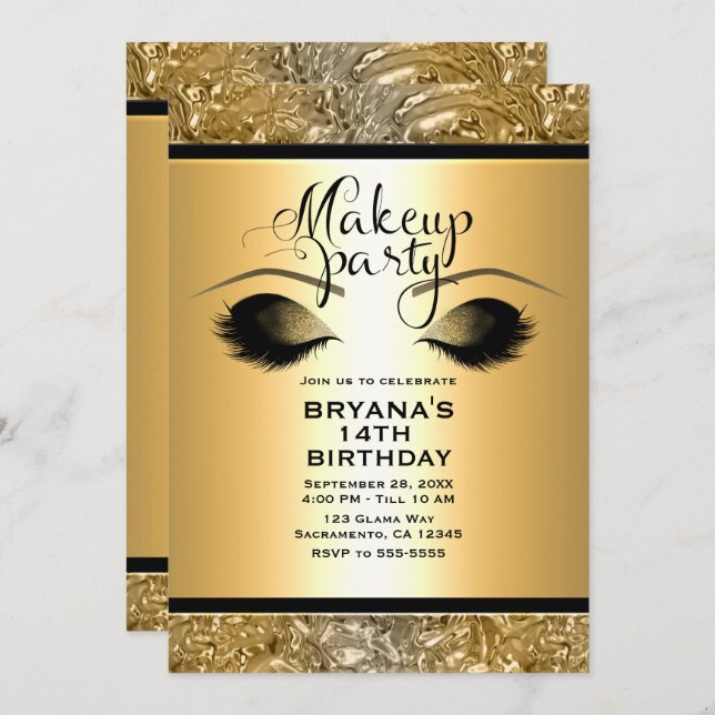 Gold Glamour Girls Makeup Eyelashes Party Event Invitation (Front/Back)