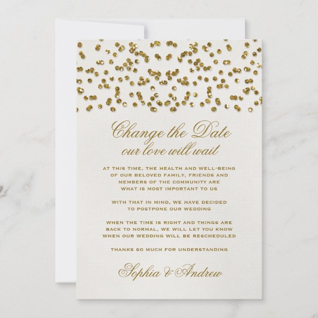 Gold Glamour Glitter Confetti Change the Date Invitation (Front)