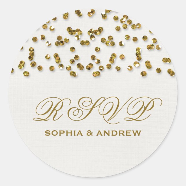 Gold Glamour Glitter Confetti RSVP Classic Round Sticker (Front)