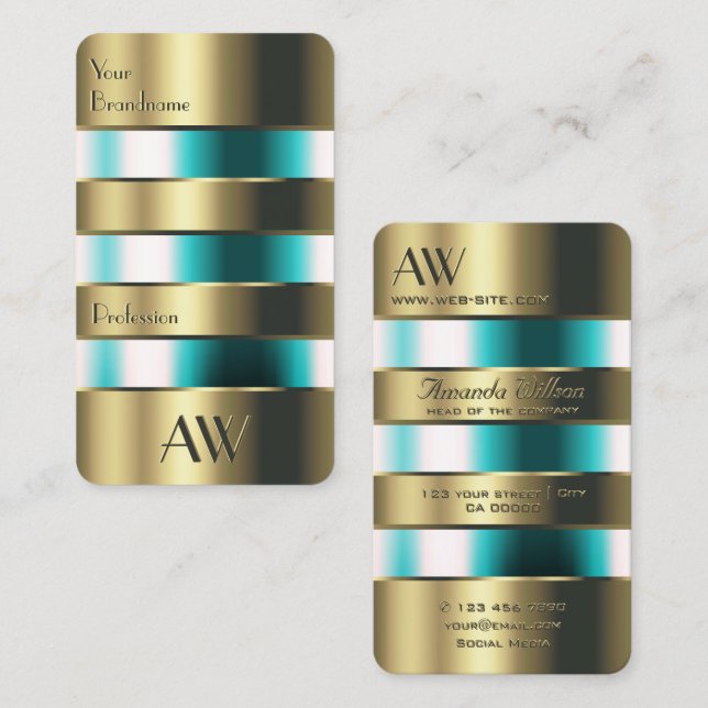 Gold Glass Can Optics Teal Fluids with Initials Business Card (Front/Back)