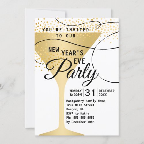 Gold Glass Confetti White New Years Eve Party 2019 Invitation