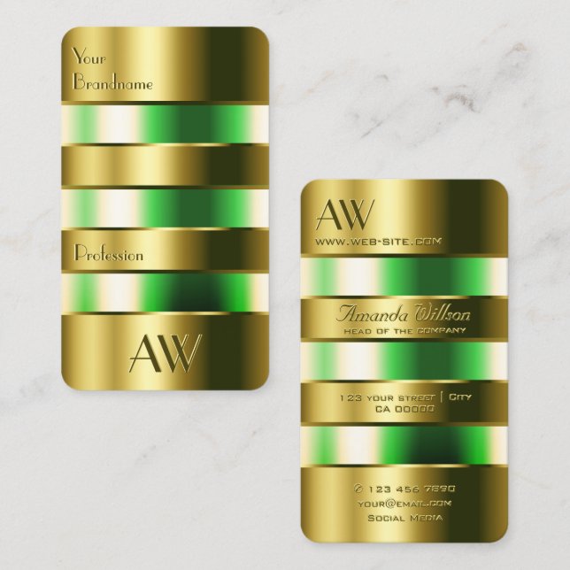 Gold Glass Tank Optics Green Liquids with Initials Business Card (Front/Back)