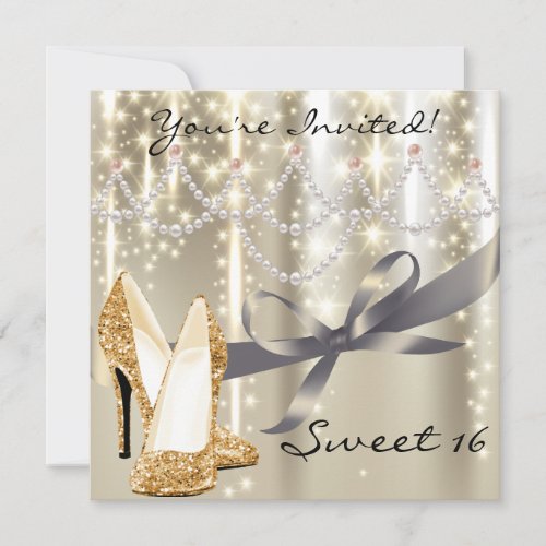 Gold Glimmer Gold Glitter Shoes Sweet Sixteen Invitation