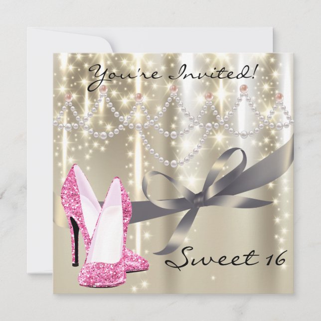 Gold Glimmer Pink Glitter Shoes Sweet Sixteen Invitation (Front)